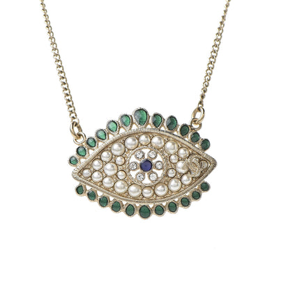 Chanel Resin Crystal Glass Pearl Eye Pendant Necklace Gold Multicolor 5 of 5