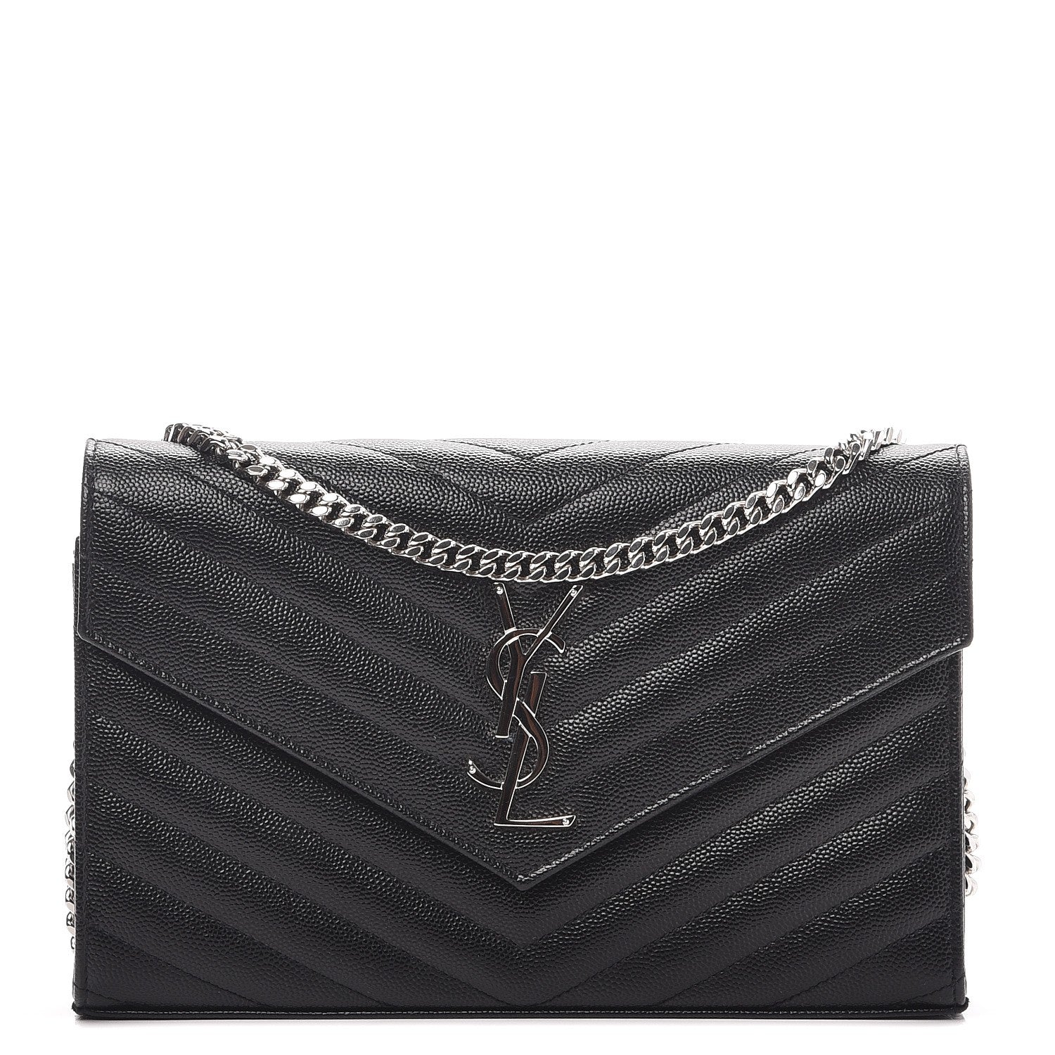 Saint Laurent Grain De Poudre Matelasse Chevron Monogram Chain Wallet Black 1 of 8