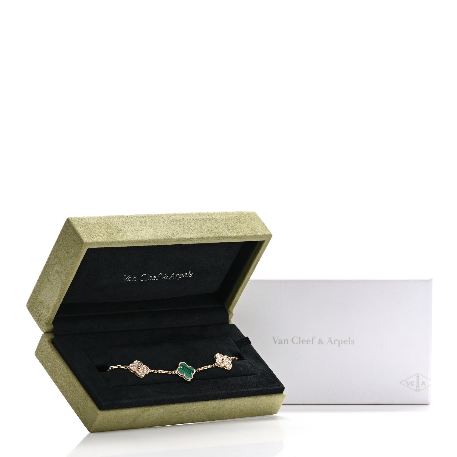 Van Cleef & Arpels 18K Yellow Gold Diamond Malachite 5 Motifs Vintage Alhambra Bracelet 5 of 5