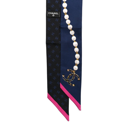 Chanel Silk Pearl CC Chain Slim Bandeau Scarf Navy Pink 2 of 3