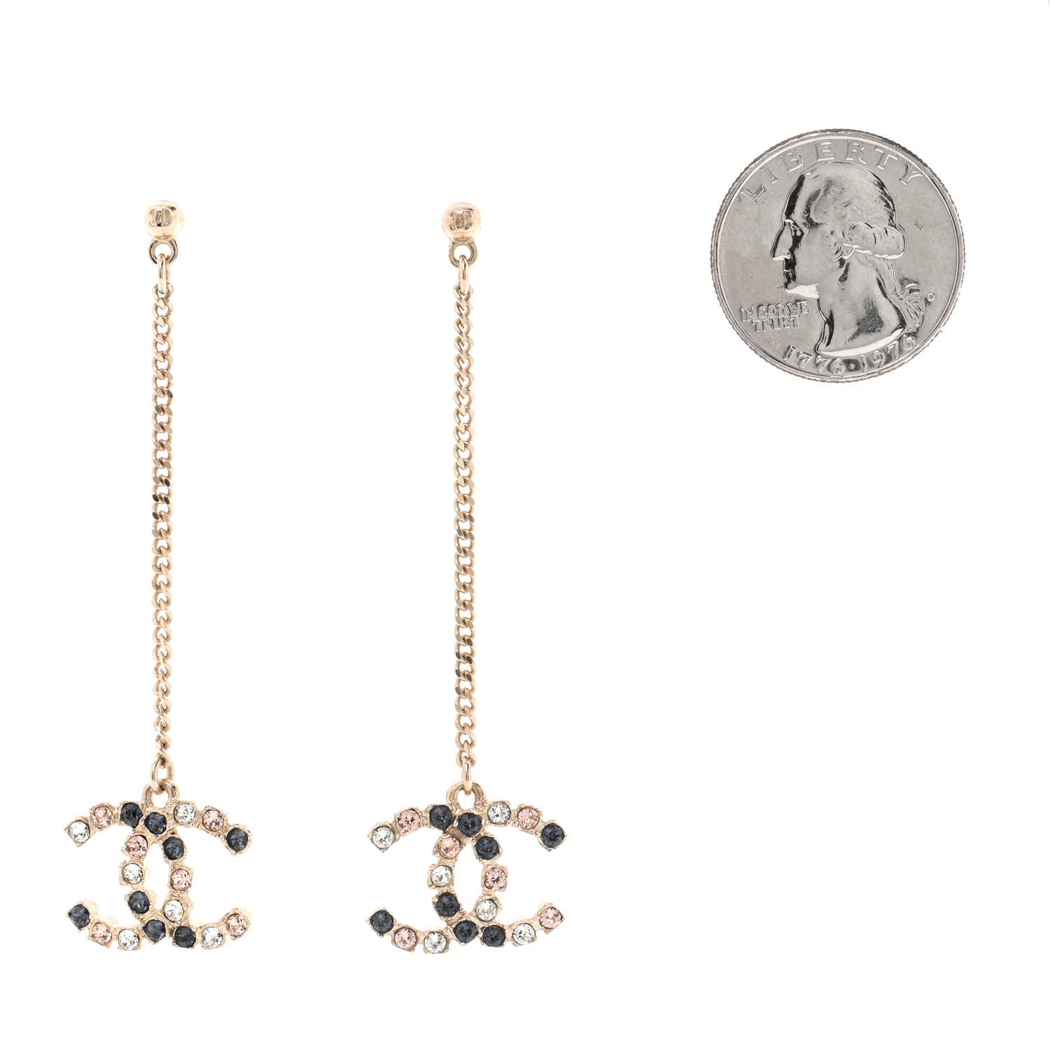 Chanel Crystal CC Drop Earrings Pink Grey Gold 2 of 4