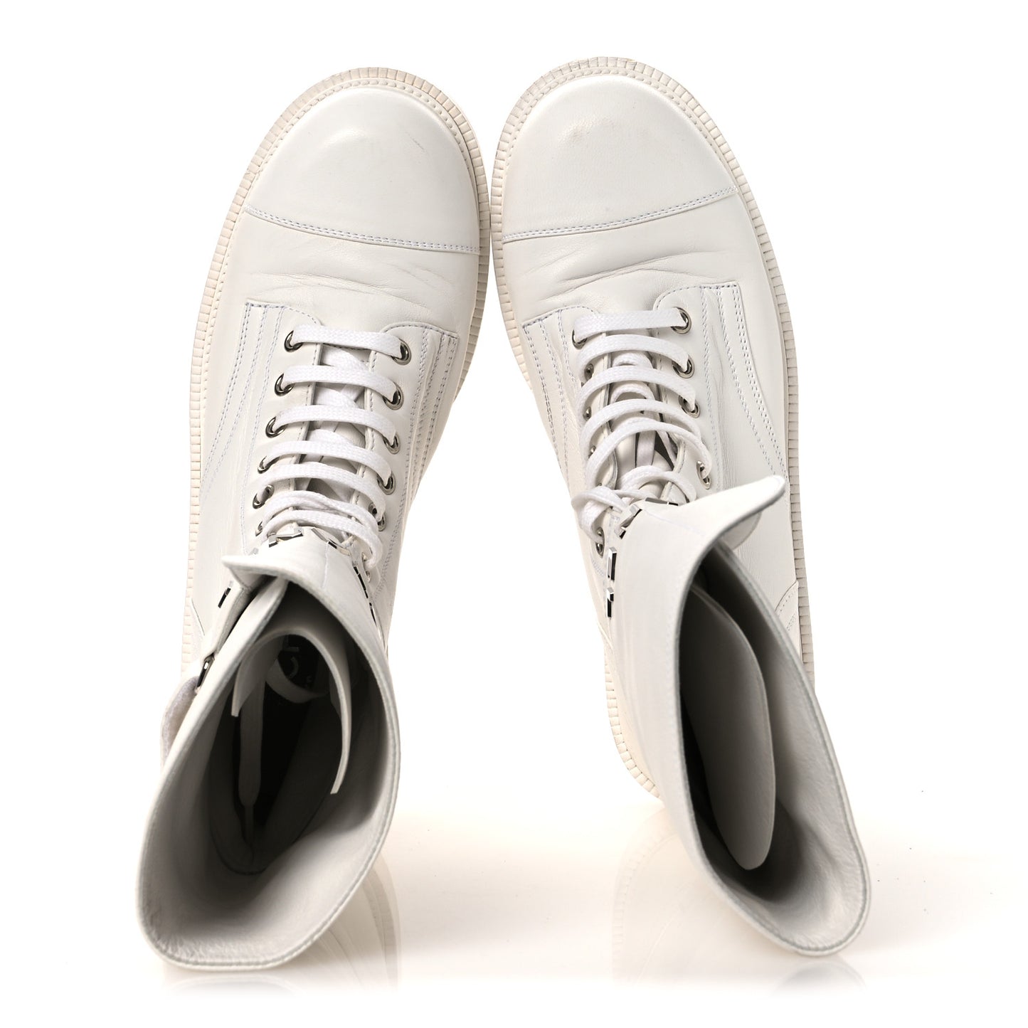 Calfskin Lace Up Logo Mid Calf Combat Boots 38.5 White Black