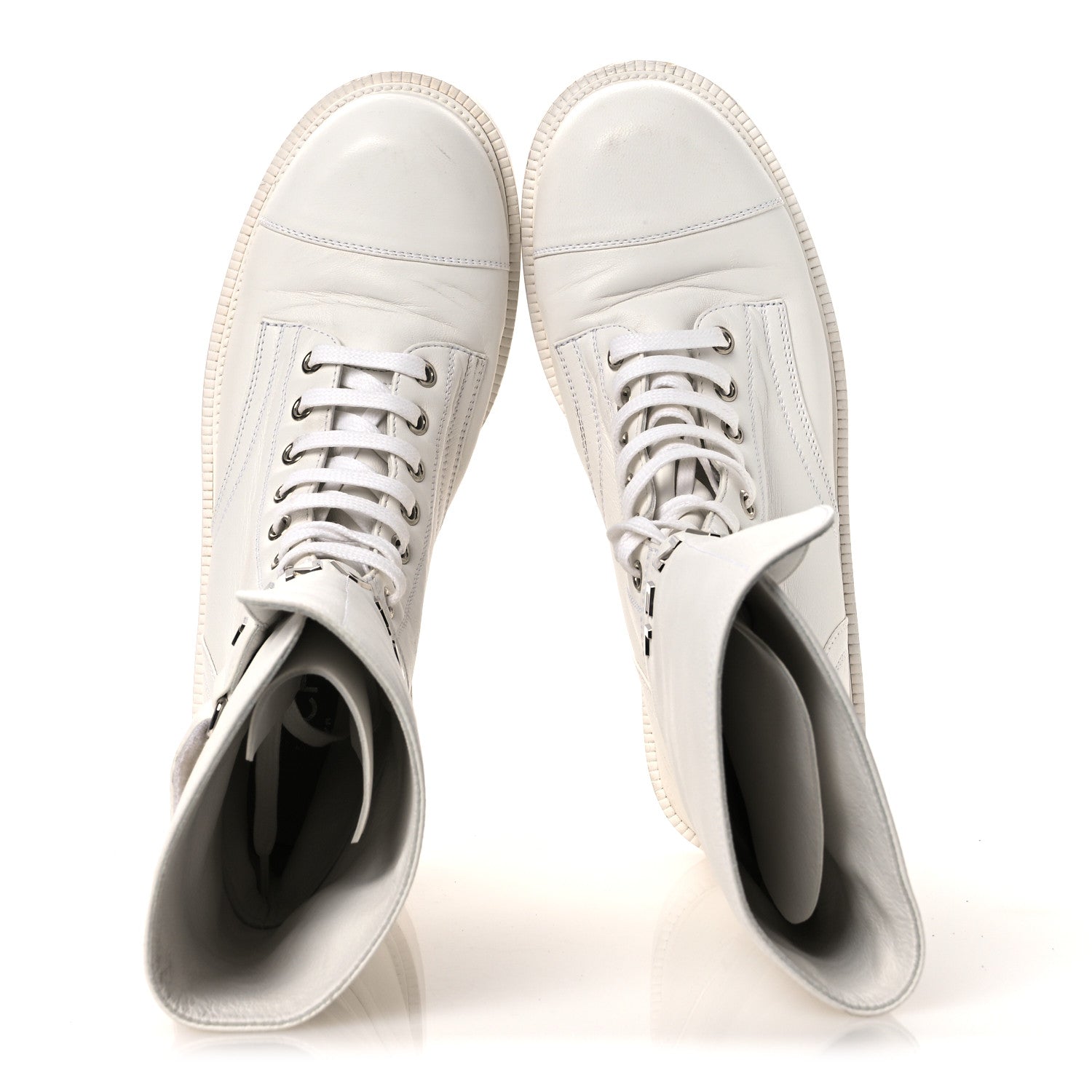 Chanel Calfskin Lace Up Logo Mid Calf Combat Boots 38.5 White Black 2 of 13
