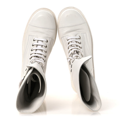 Chanel Calfskin Lace Up Logo Mid Calf Combat Boots 38.5 White Black 2 of 13