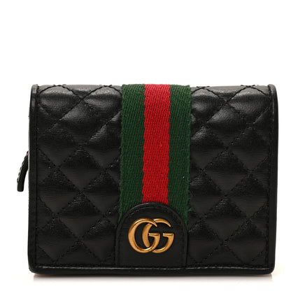 Gucci Calfskin Web Trapuntata GG Marmont Card Case Wallet Black 1 of 7