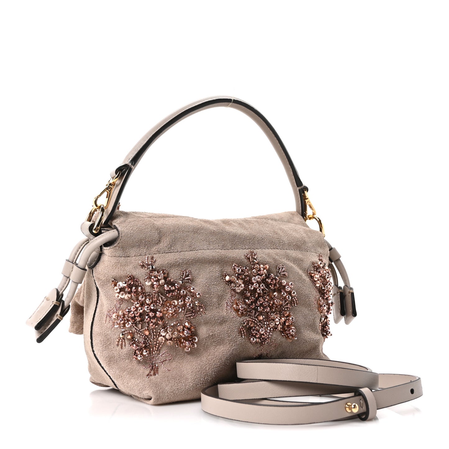 Suede Sequin Embroidered Small Mamma Baguette Tortora