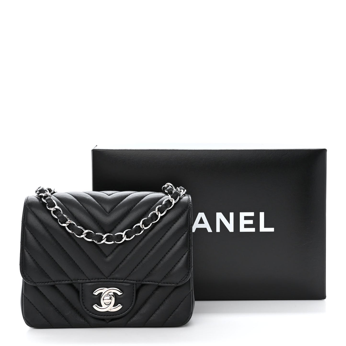 Lambskin Chevron Quilted Mini Square Flap Black