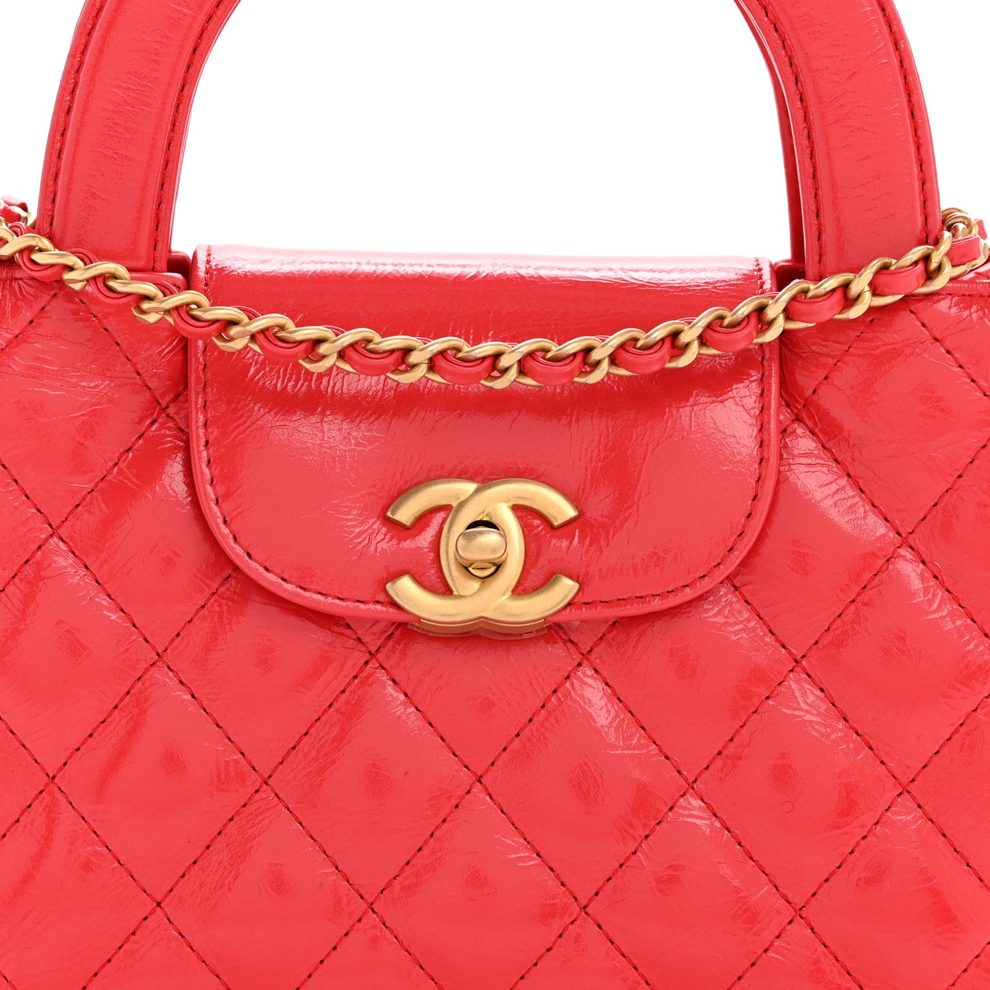 Shiny Aged Calfskin Quilted Nano Kelly Shopper Red