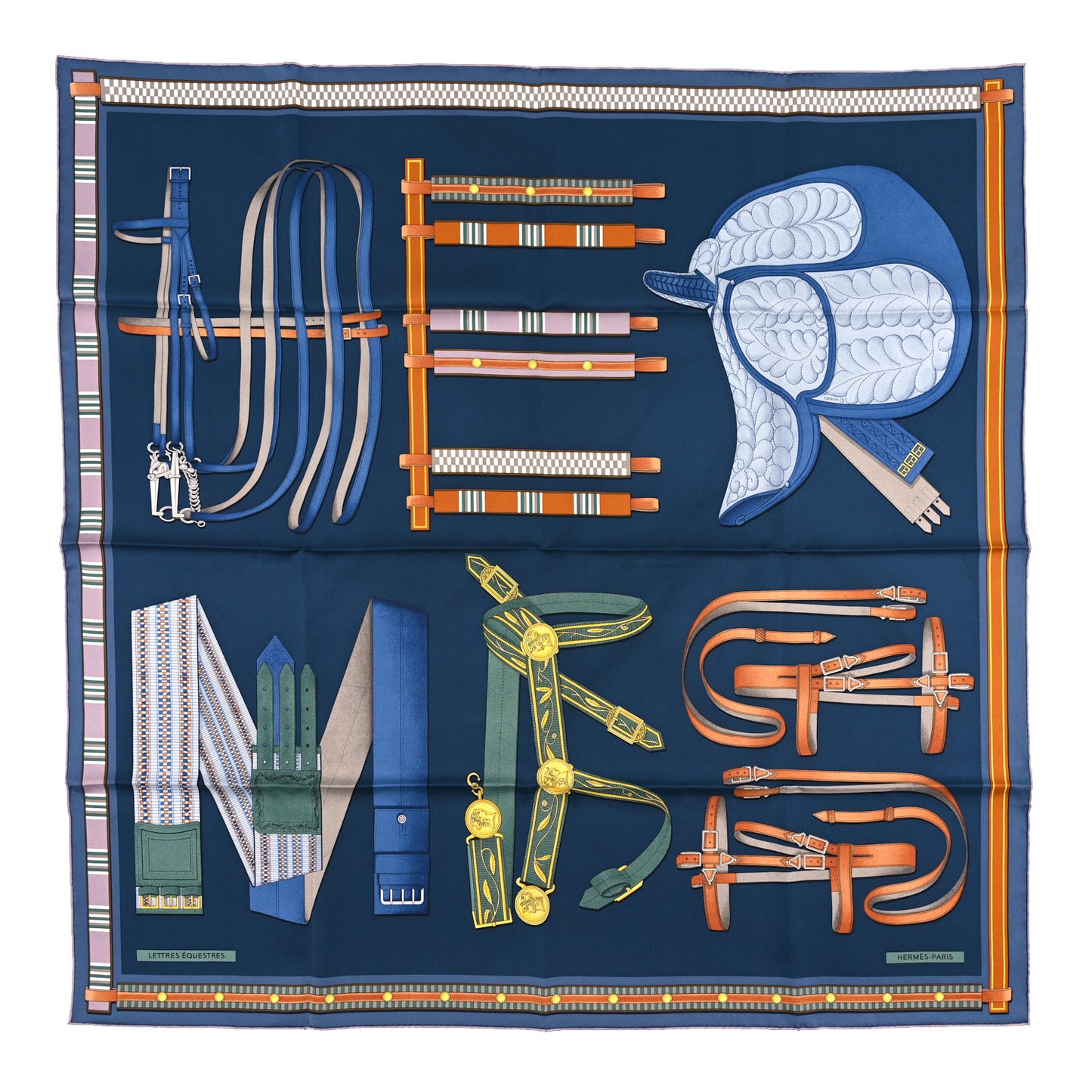 Silk Lettres Equestre Scarf 90 Bleu Ardoise Vert