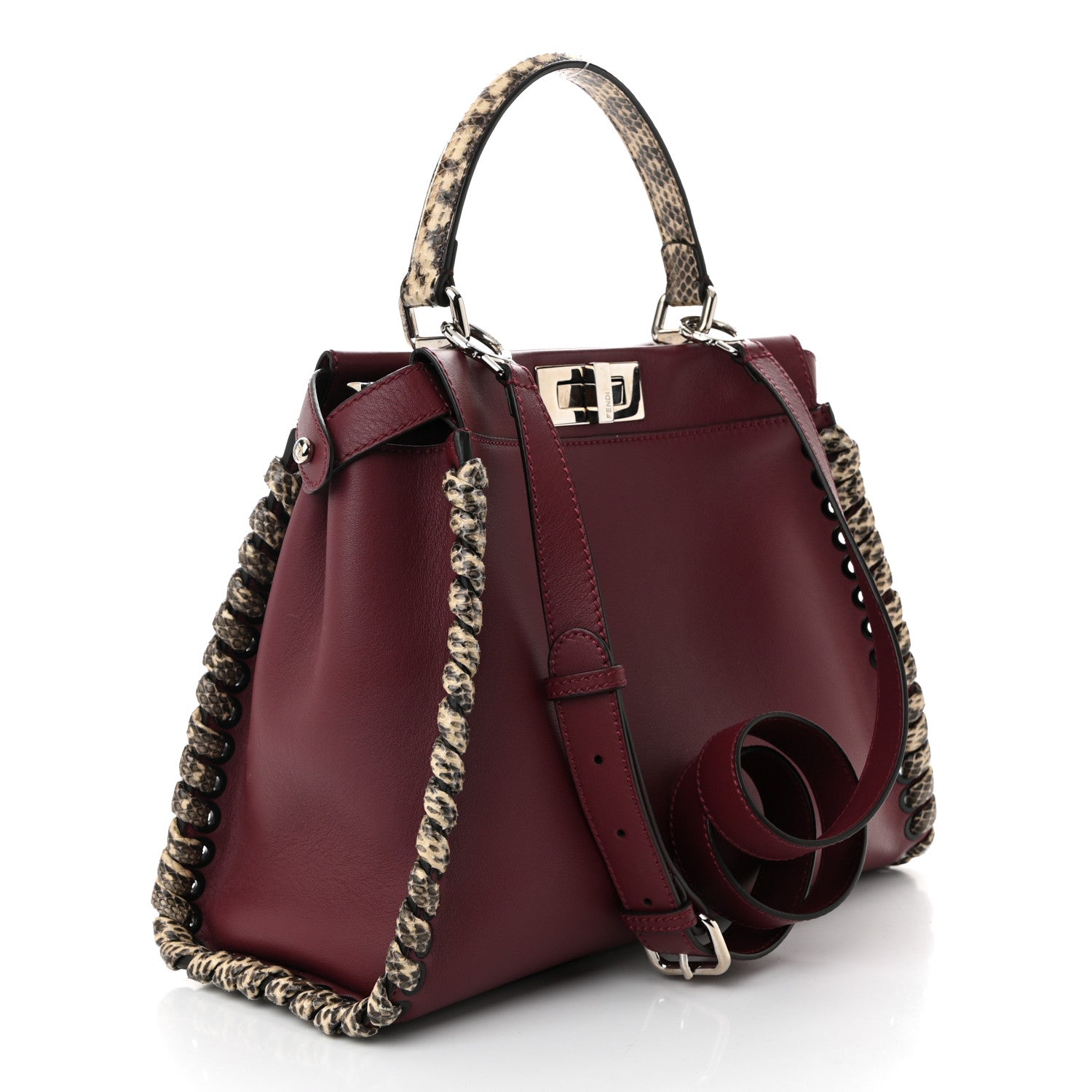 Fendi Calfskin Elaphe Lace Up Medium Peekaboo Iconic Satchel Bordeaux Beige Verde 3 of 11