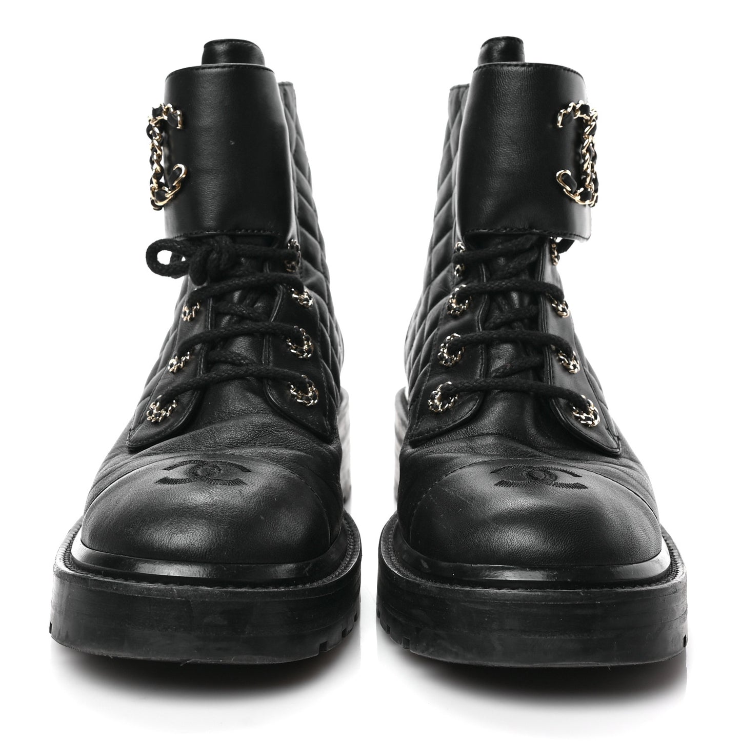 Shiny Lambskin Quilted Lace Up Combat Boots 40 Black