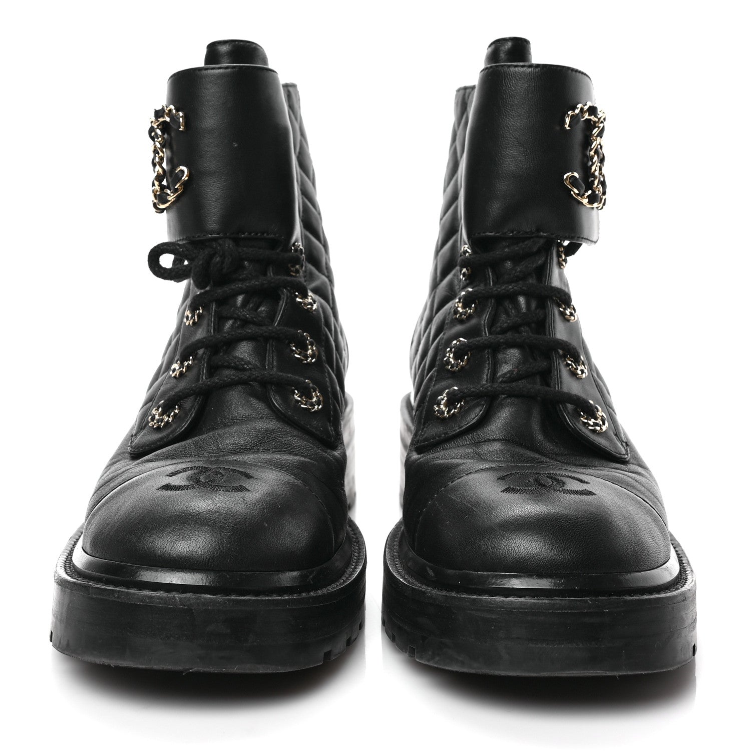 Chanel Shiny Lambskin Quilted Lace Up Combat Boots 40 Black 2 of 6