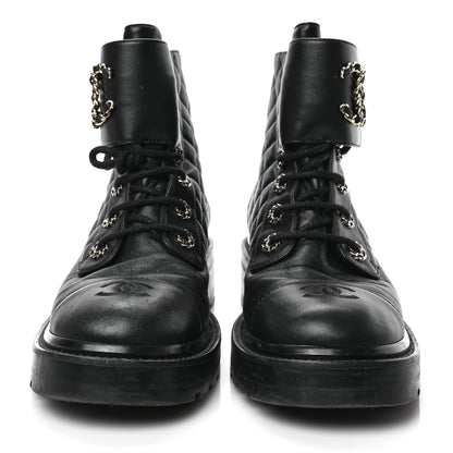 Chanel Shiny Lambskin Quilted Lace Up Combat Boots 40 Black 2 of 6