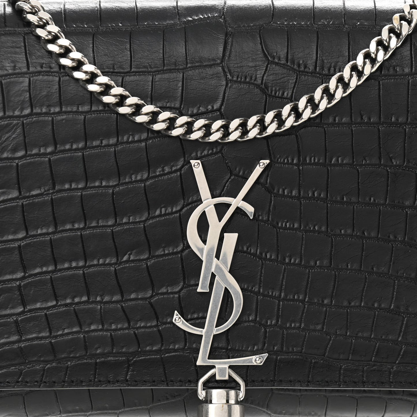 Calfskin Crocodile Embossed Medium Classic Monogram Kate Tassel Satchel Black