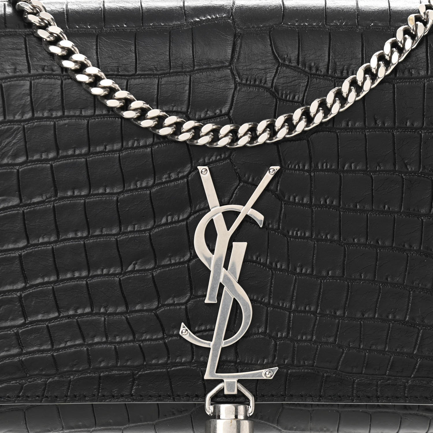 Saint Laurent Calfskin Crocodile Embossed Medium Classic Monogram Kate Tassel Satchel Black 9 of 11