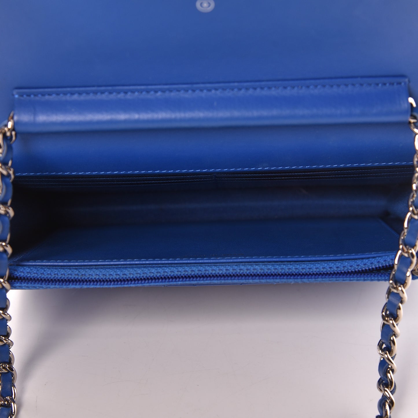 Patent Calfskin Quilted Boy Wallet On Chain WOC Dark Blue