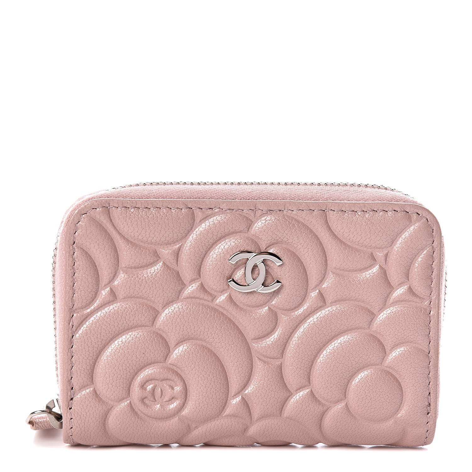 Chanel Goatskin Camellia Embossed Zip Coin Purse Light Pink 1 of 8