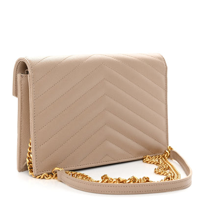 Saint Laurent Grain De Poudre Matelasse Chevron Monogram Envelope Chain Wallet Dark Beige 3 of 10