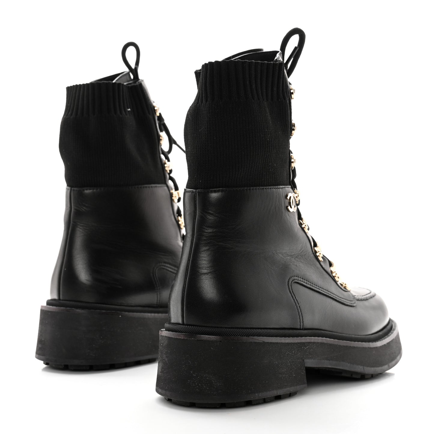 Calfskin Knit Lace Up Combat Boots 39 Black