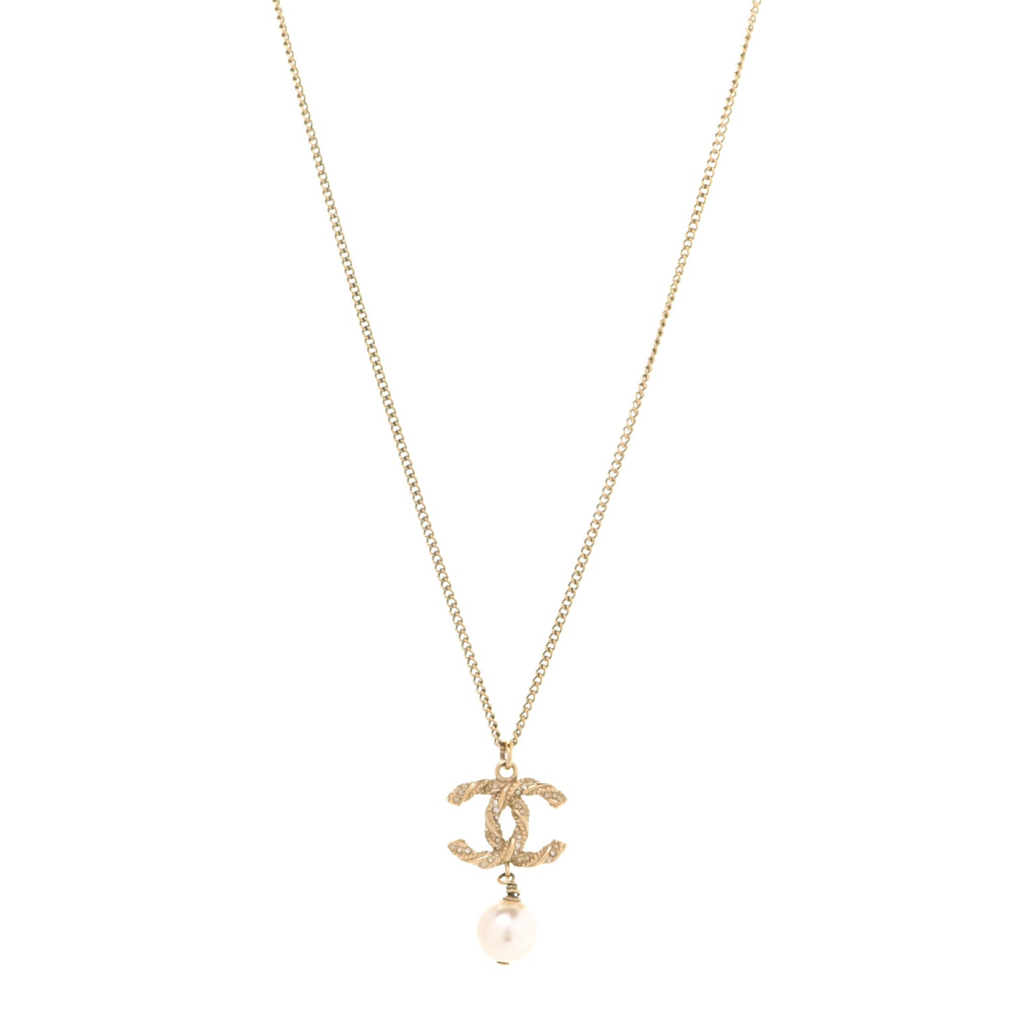 Crystal Pearl Twisted CC Pendant Necklace Gold