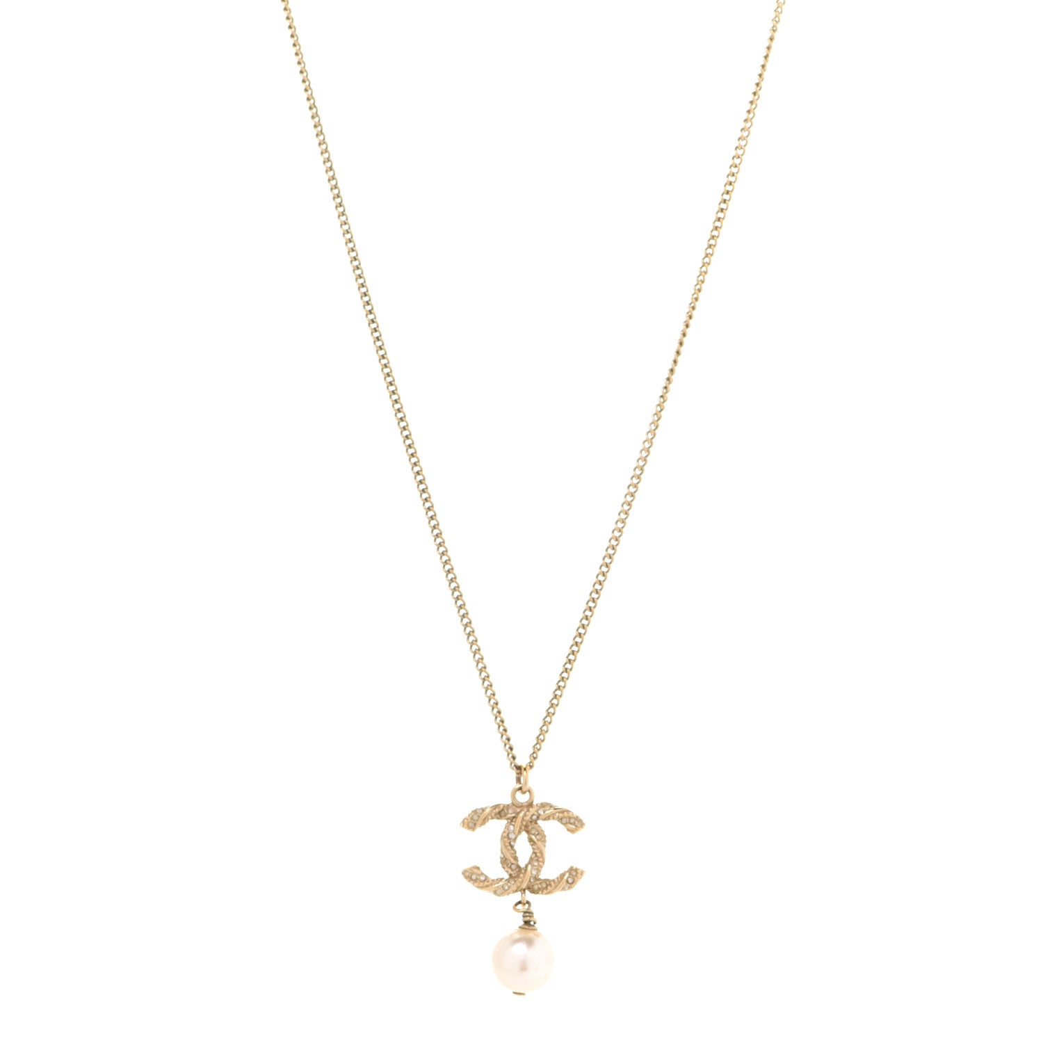 Chanel Crystal Pearl Twisted CC Pendant Necklace Gold 1 of 5