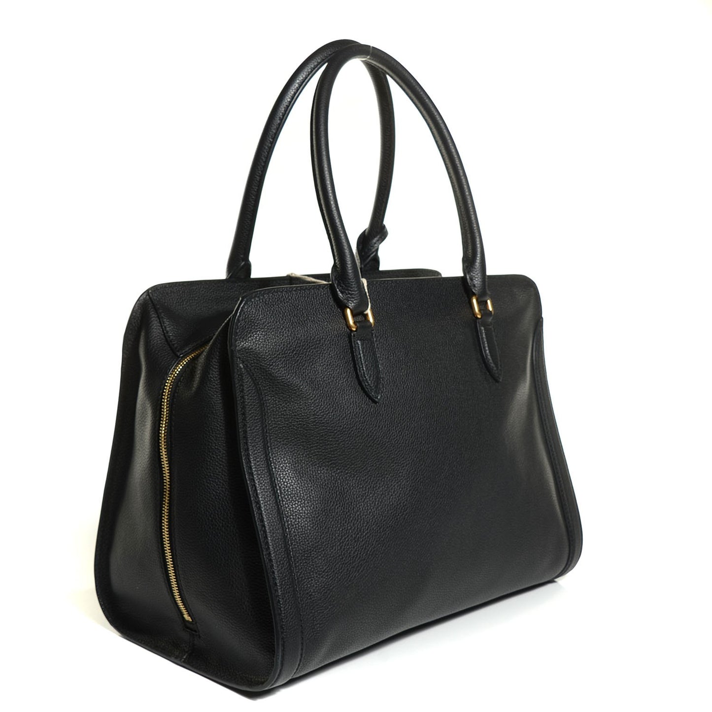 Pebbled Calfskin Large Skull Padlock Zip Around Tote Black