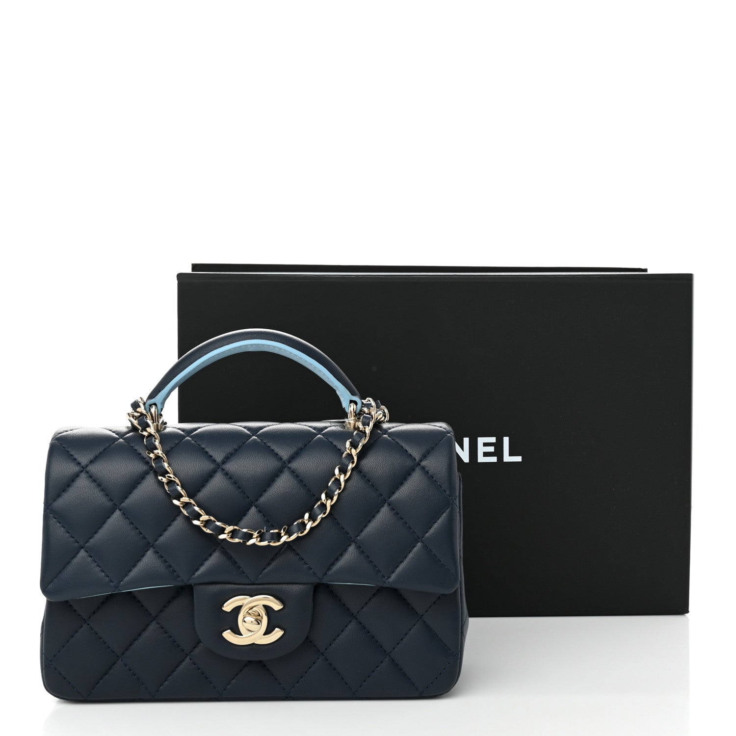 Chanel Lambskin Quilted Bi-Color Mini Top Handle Rectangular Flap Navy Blue Light Blue 11 of 11