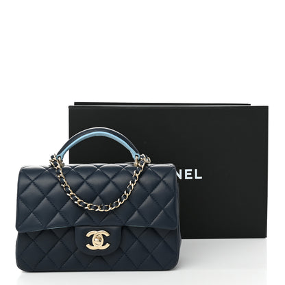Chanel Lambskin Quilted Bi-Color Mini Top Handle Rectangular Flap Navy Blue Light Blue 11 of 11