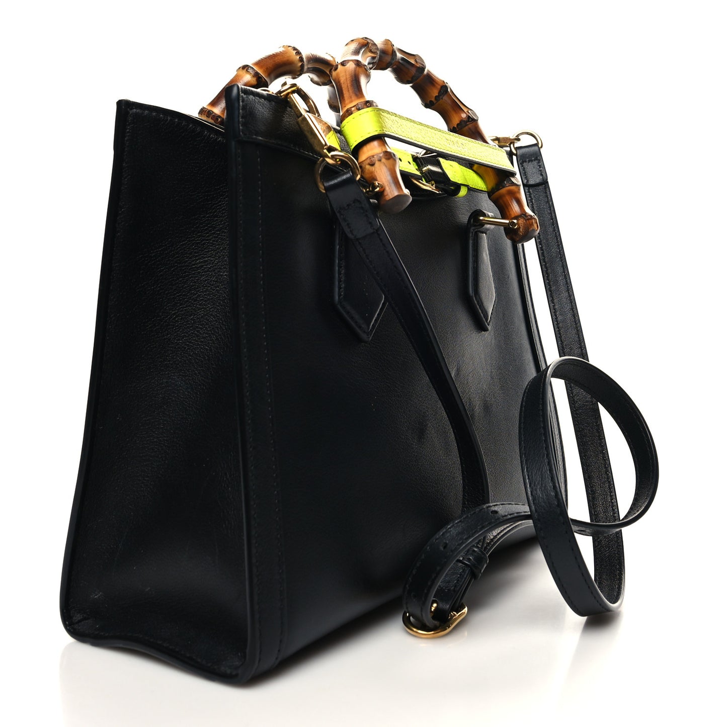 Calfskin Small Diana Tote Bag Black Yellow Fluo