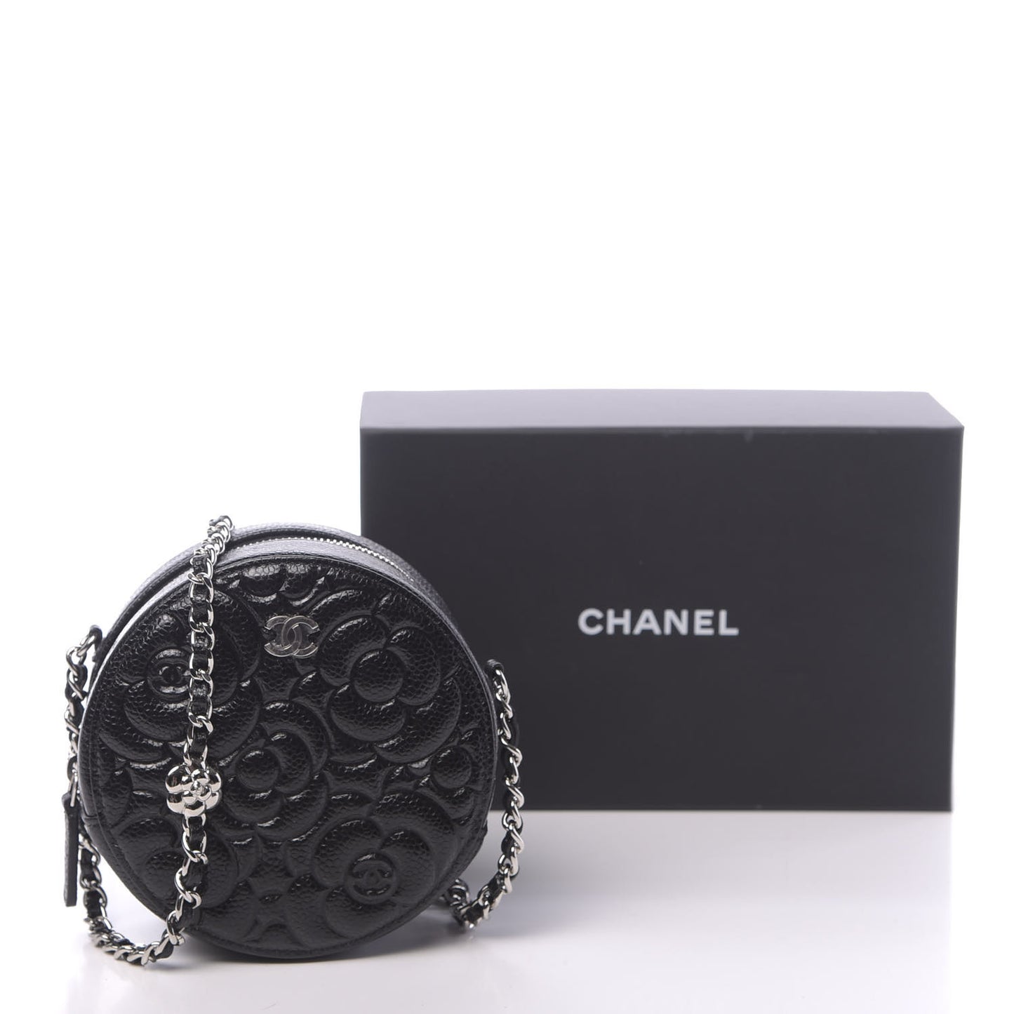 Caviar Camellia Embossed Round Clutch With Chain Black
