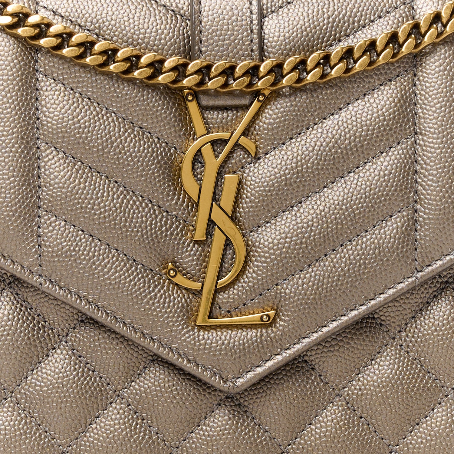 Saint Laurent Metallic Grain De Poudre Mixed Matelasse Triquilt Monogram Chain Wallet Piombo 7 of 9