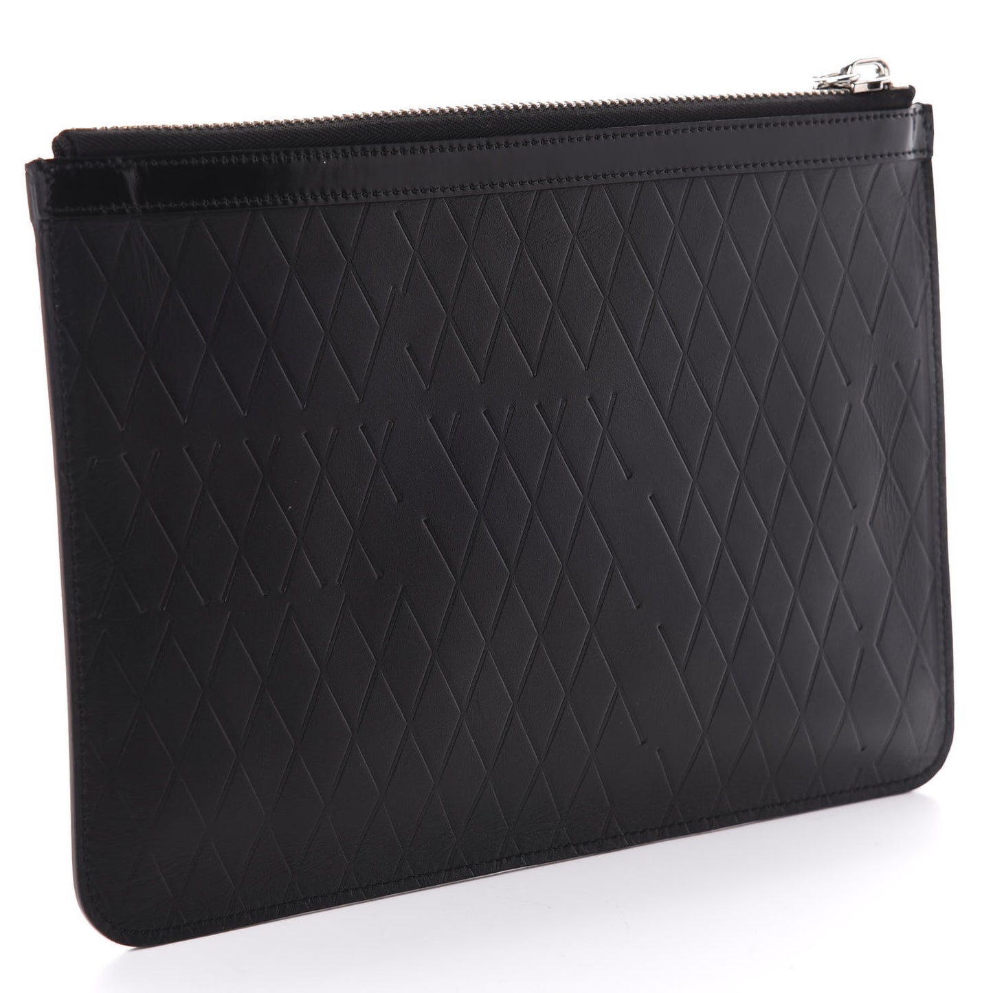 Diamond Calfskin Embossed Zip Pouch Black