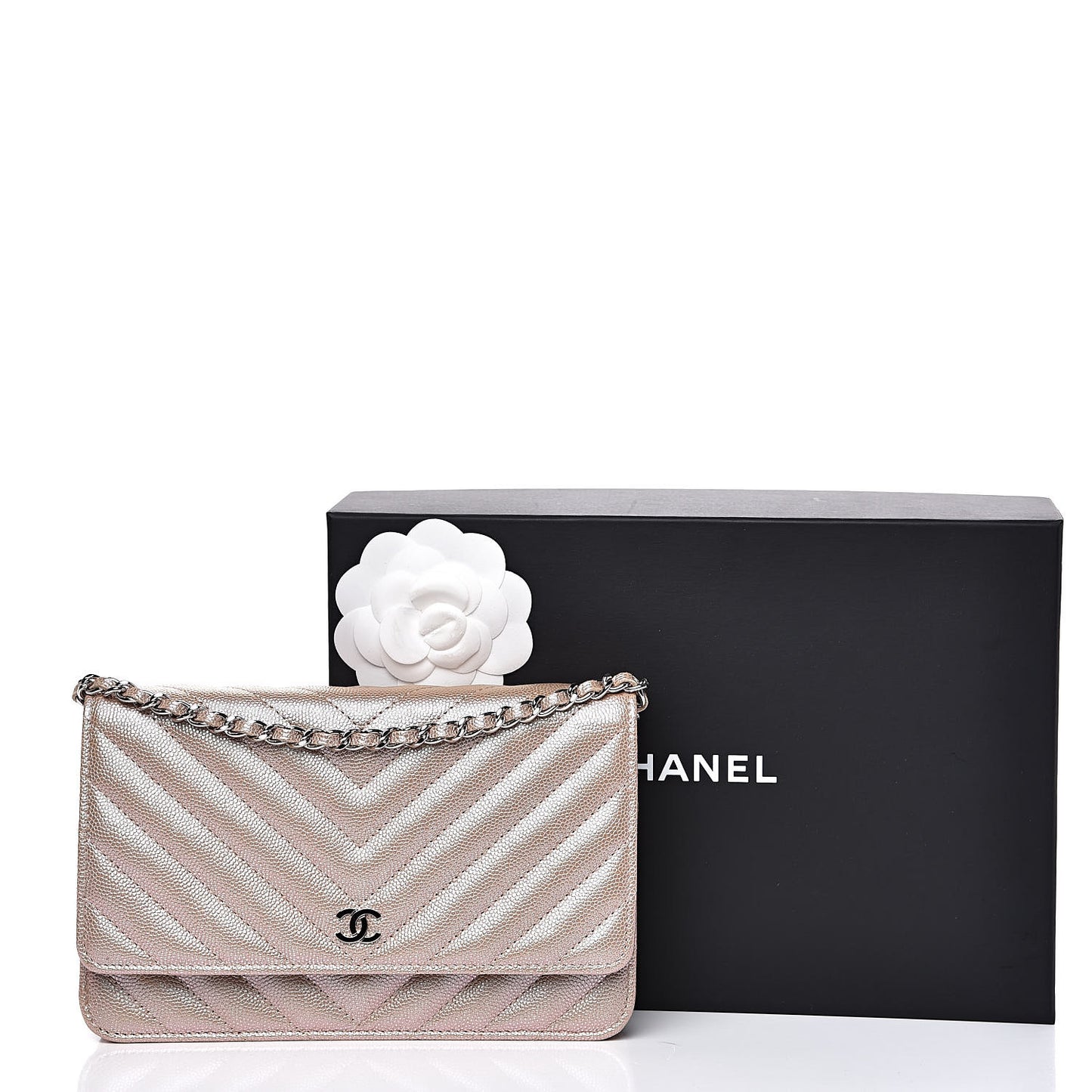 Metallic Caviar Chevron Quilted Wallet On Chain WOC Light Gold