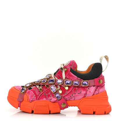 Gucci X SEGA Velvet GG Monogram Mesh Removable Crystals Womens Flashtrek Sneakers 40 Bright Pink Beige Mystic White 1 of 7