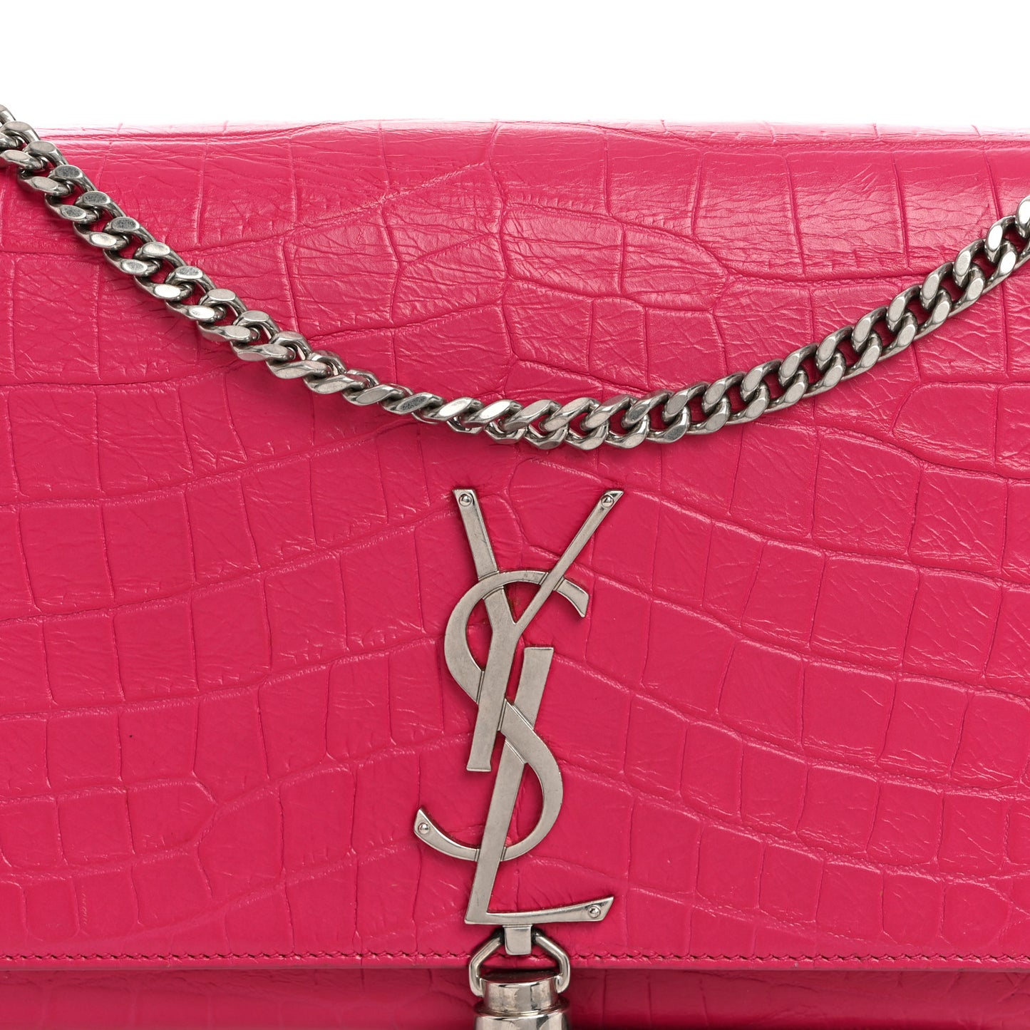 Calfskin Crocodile Embossed Medium Classic Monogram Kate Tassel Satchel Fuchsia