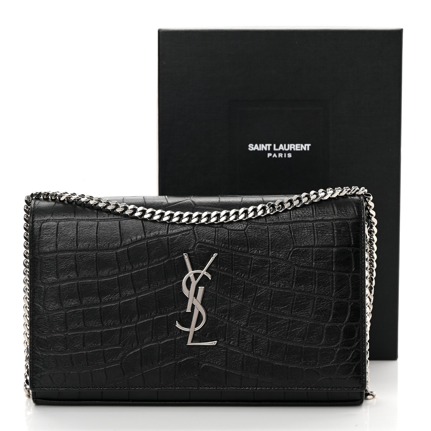 Calfskin Crocodile Embossed Monogram Chain Wallet Black