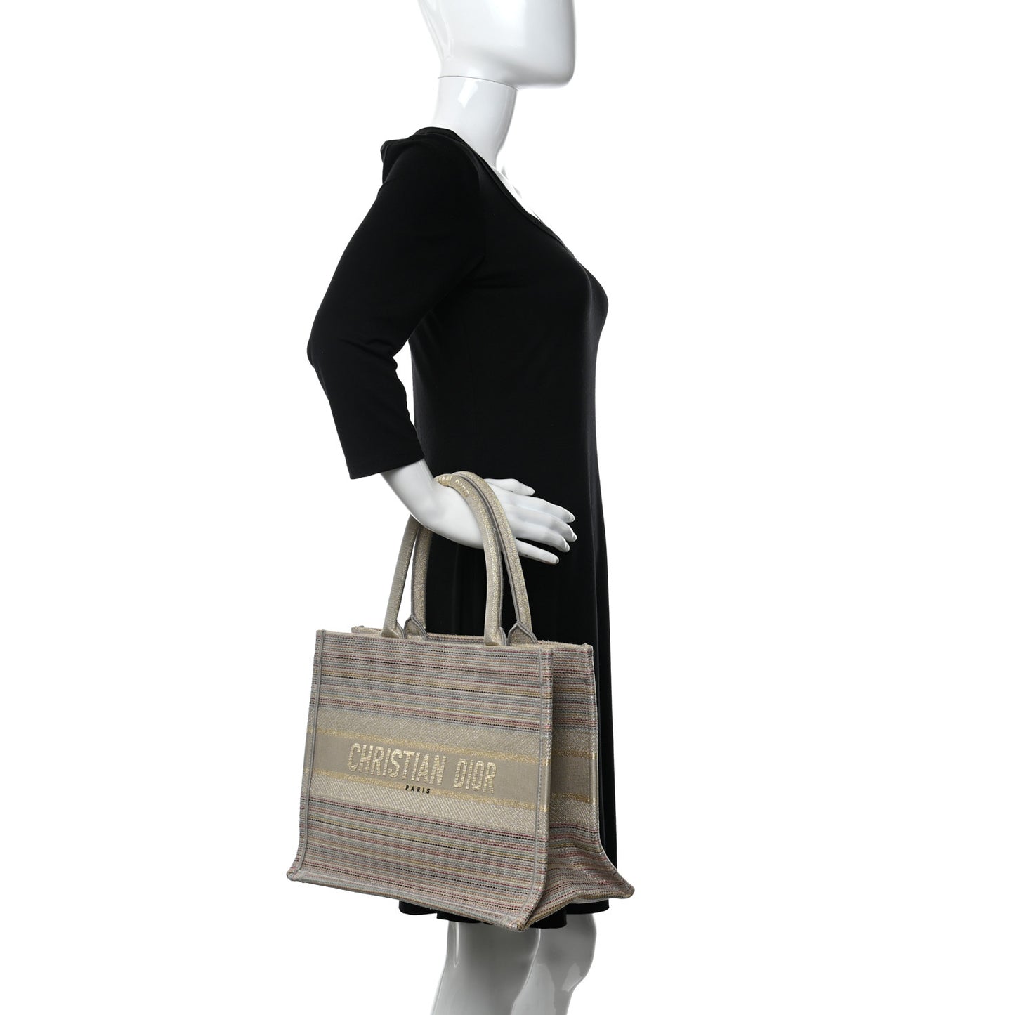 Canvas Embroidered Medium Stripes Book Tote Beige Multicolor