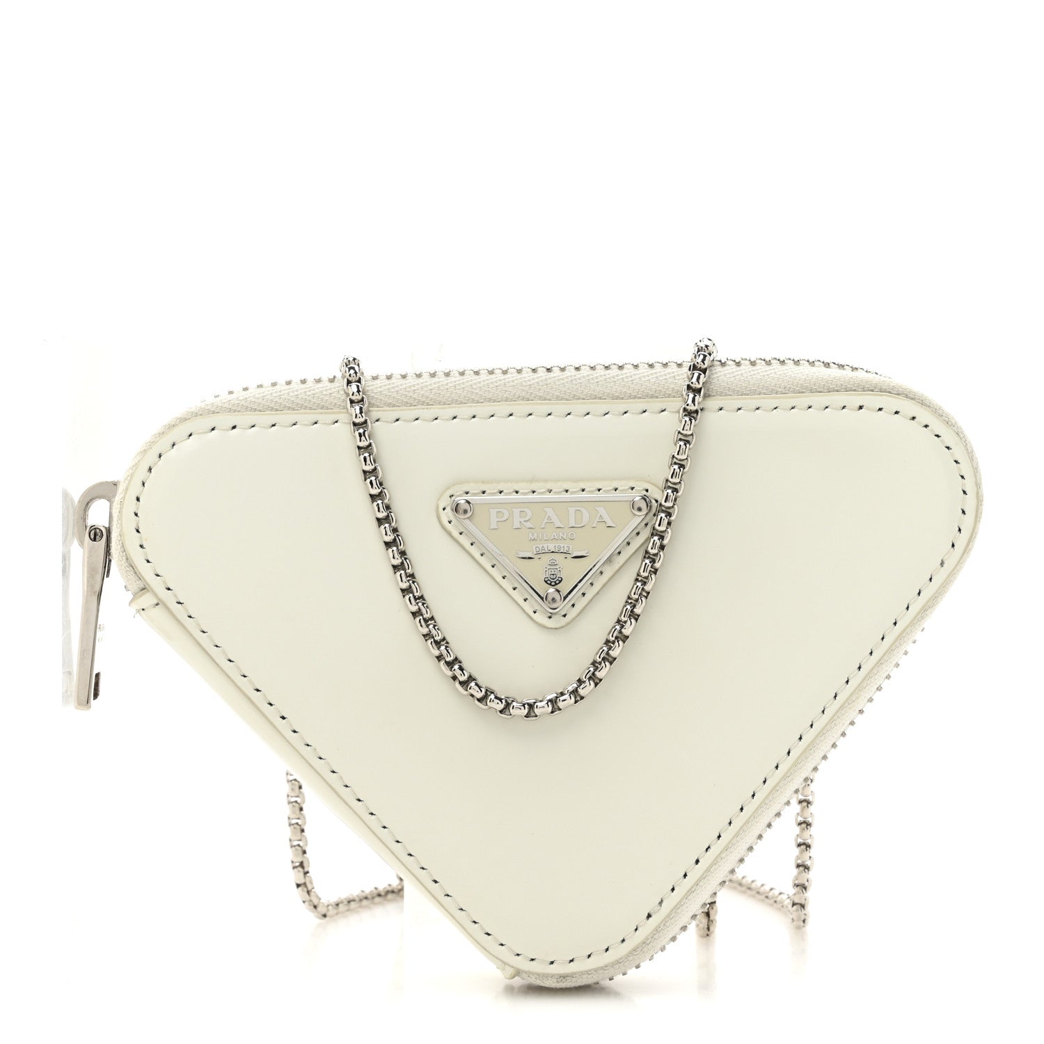 Prada Spazzolato Mini Triangle Chain Crossbody Pouch White 1 of 11