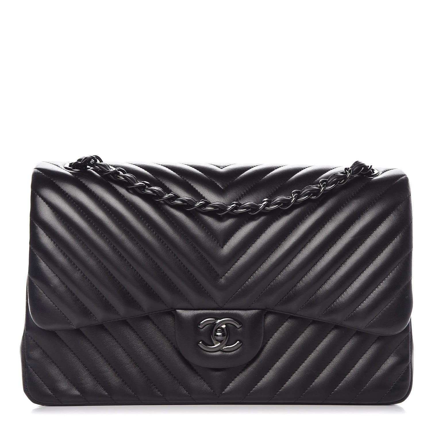 Chanel Lambskin Chevron Quilted Jumbo Double Flap So Black 1 of 10