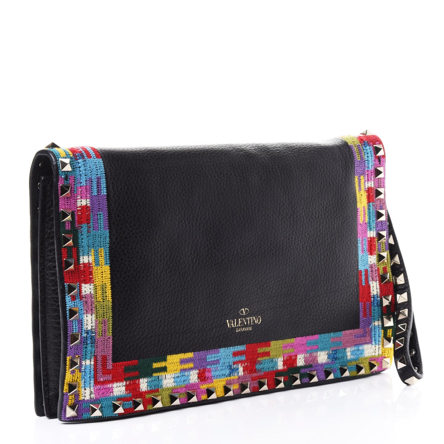 Grained Calfskin Embroidered Rockstud Wristlet Clutch Black
