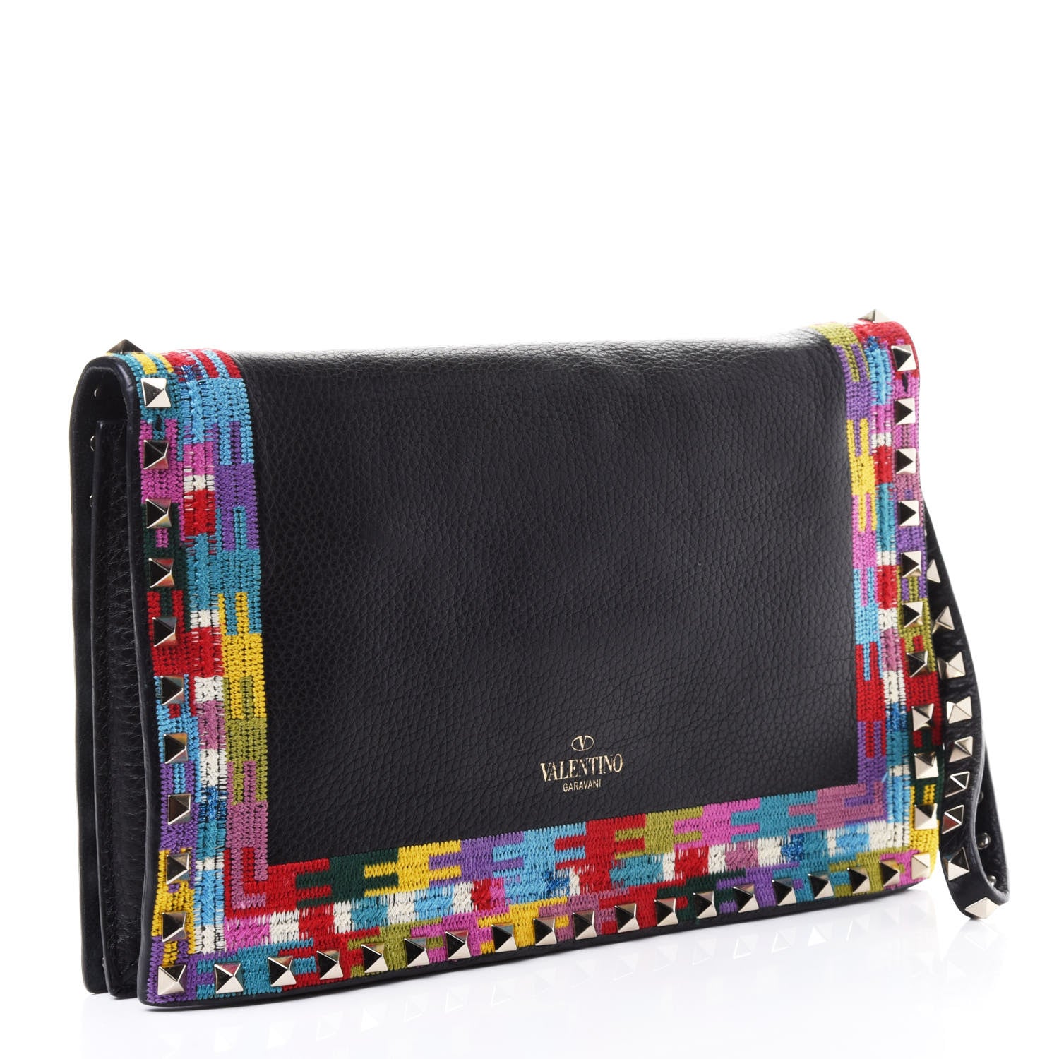 Valentino Garavani Grained Calfskin Embroidered Rockstud Wristlet Clutch Black 2 of 4