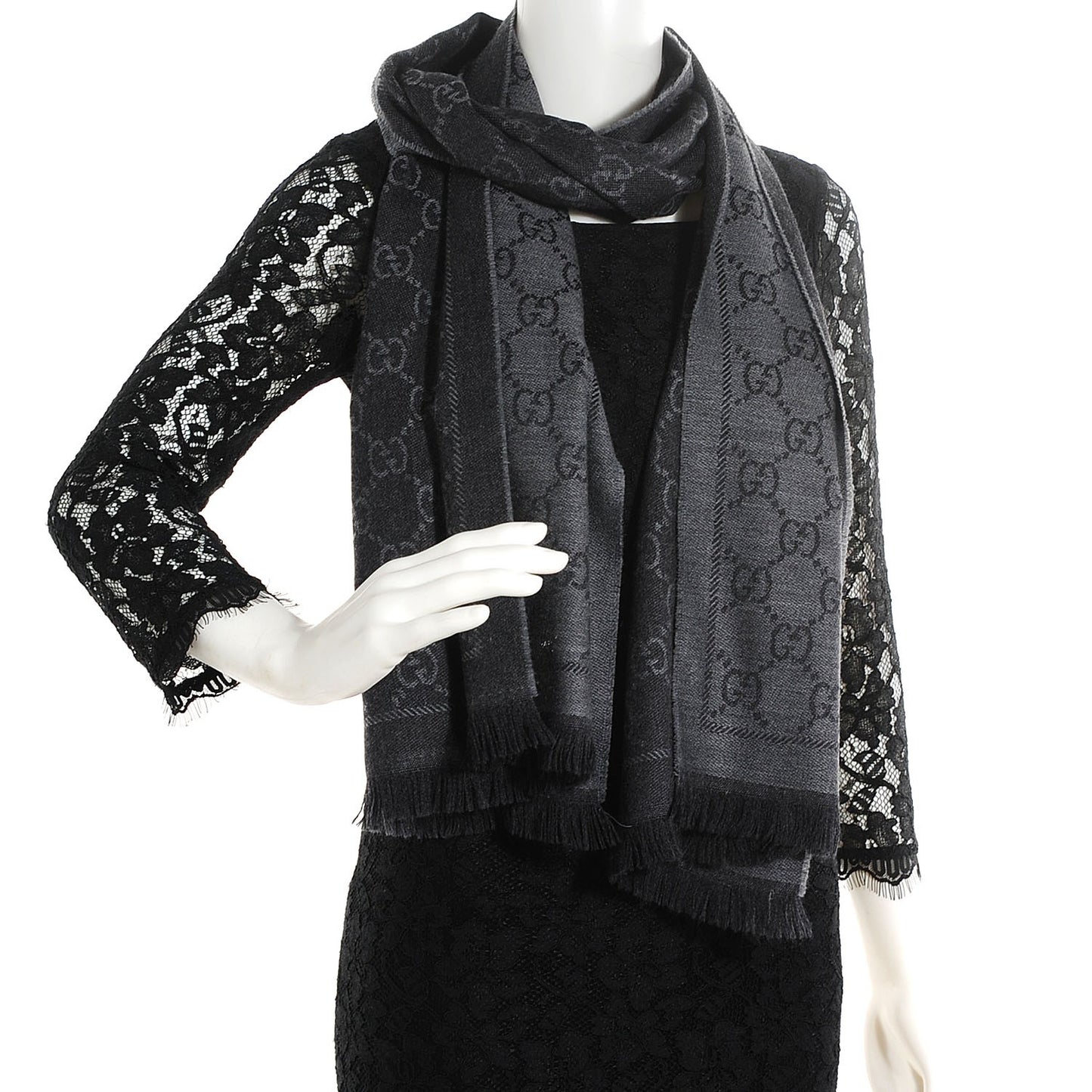 Wool Monogram Fringe Scarf Anthracite Black