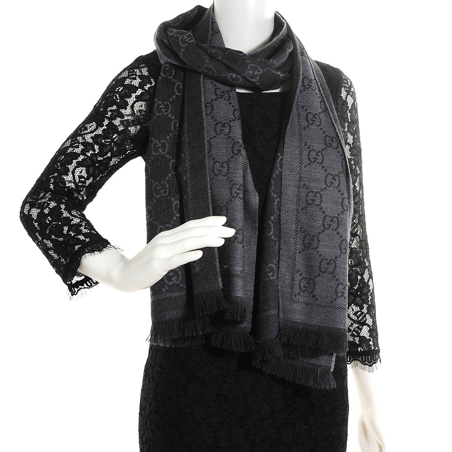 Gucci Wool Monogram Fringe Scarf Anthracite Black 2 of 5