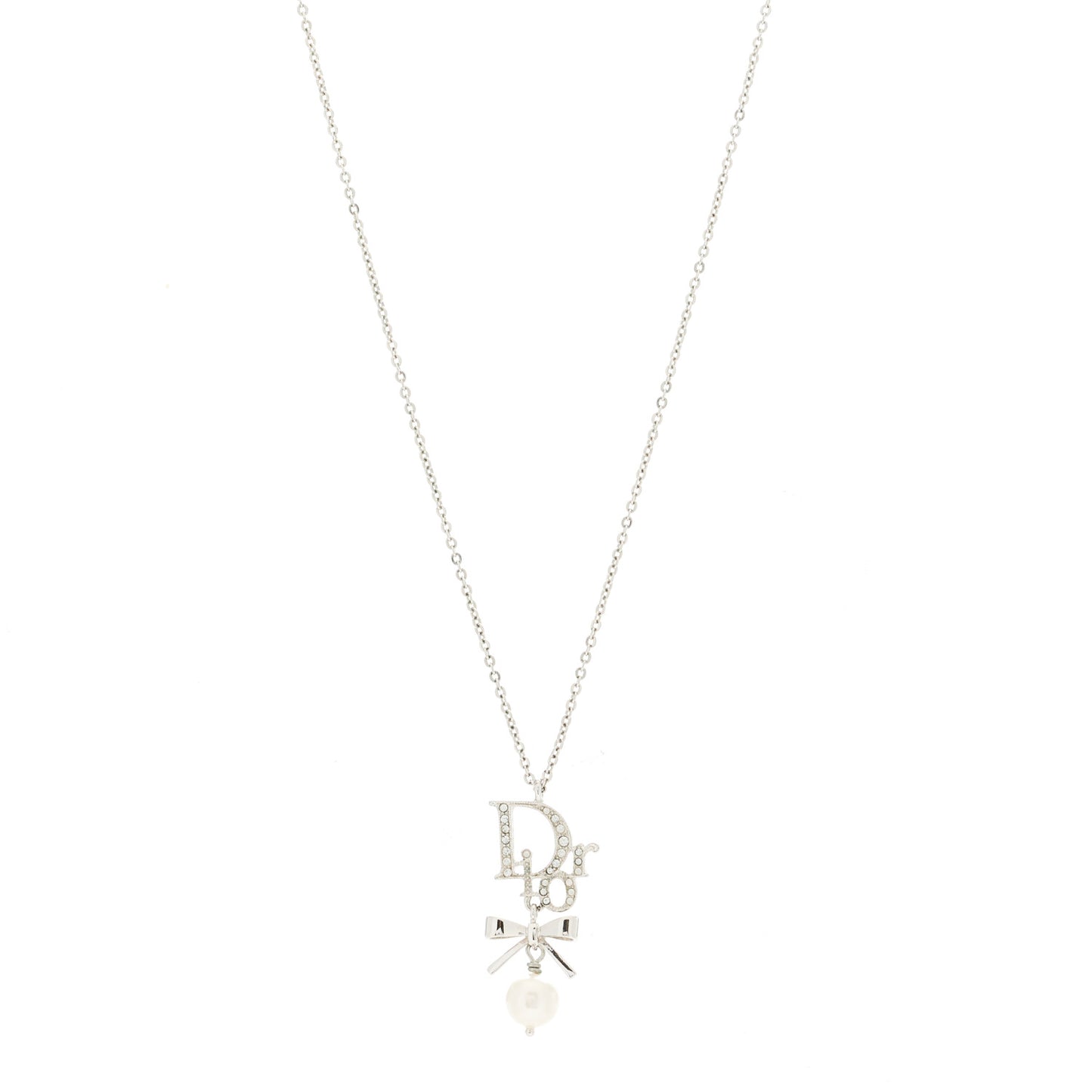 Crystal Pearl Logo Bow Necklace Silver