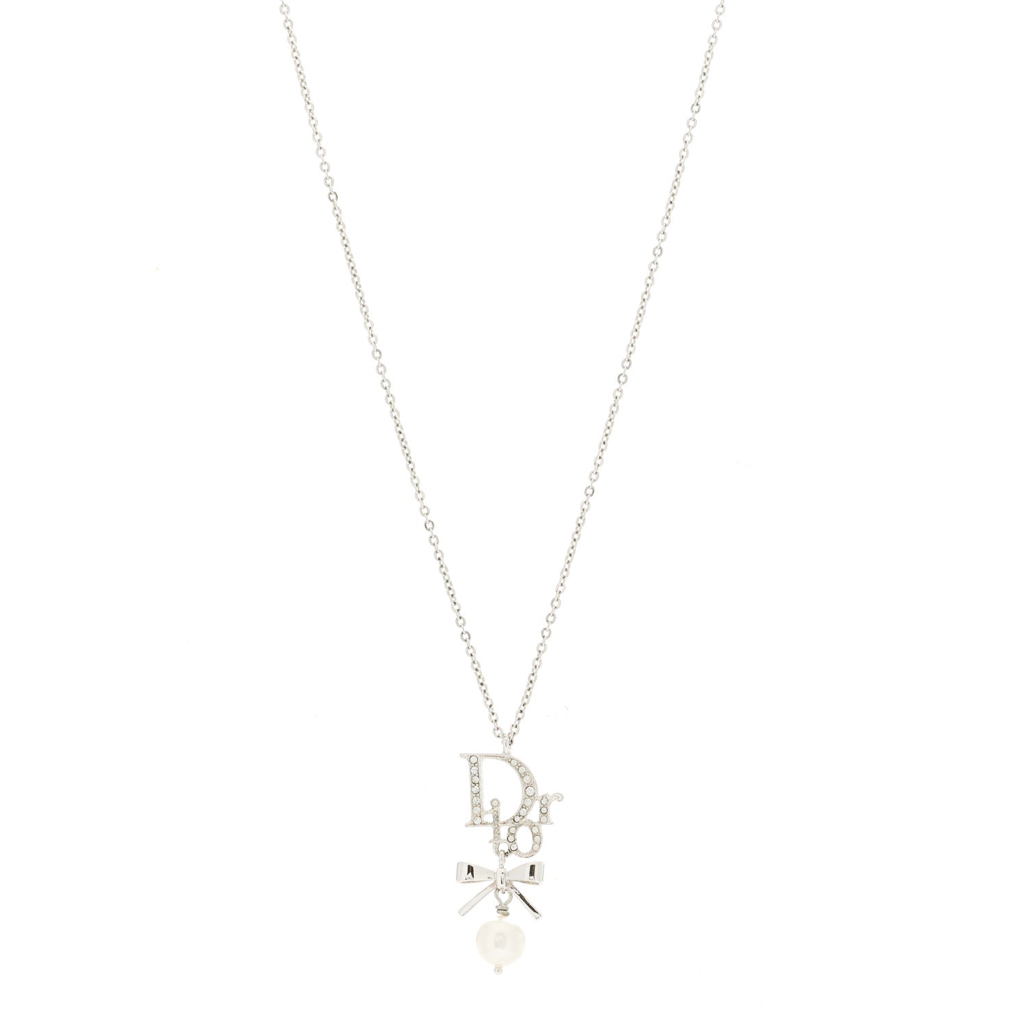 Christian Dior Crystal Pearl Logo Bow Necklace Silver 1 of 5