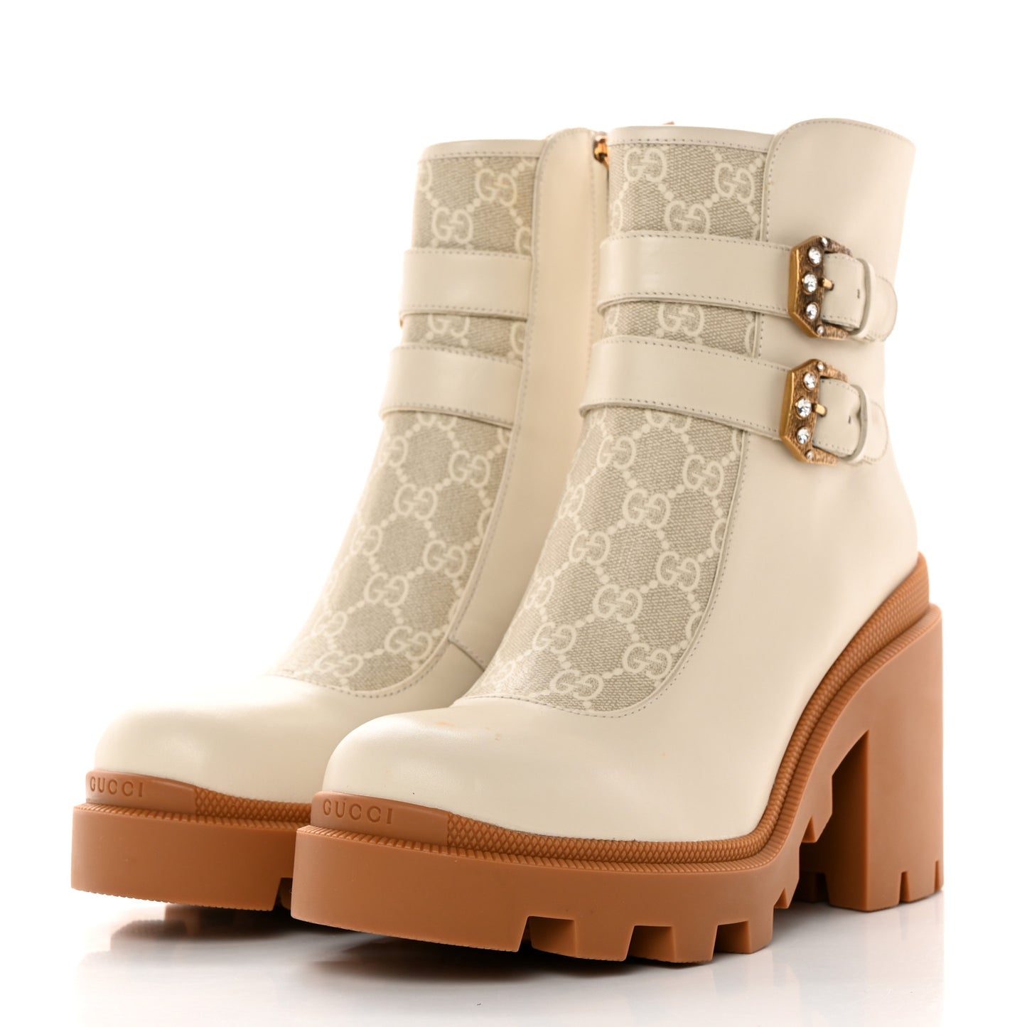 Kensington Calfskin Nappa GG Supreme Monogram Womens Double Buckle Ankle Boots 41.5 Mystic White Beige