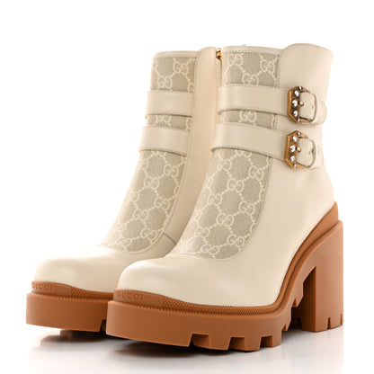 Gucci Kensington Calfskin Nappa GG Supreme Monogram Womens Double Buckle Ankle Boots 41.5 Mystic White Beige 3 of 17