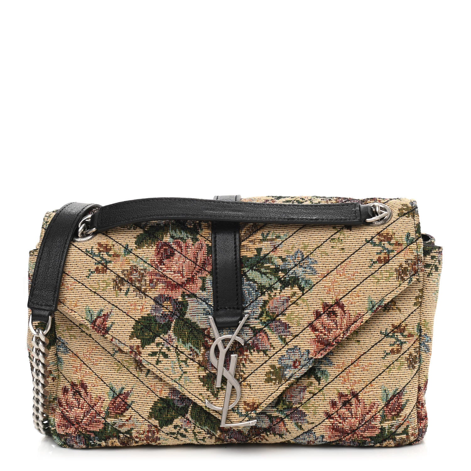 Saint Laurent Jacquard Floral Matelasse Chevron Monogram Medium College Satchel Beige Blue Red 1 of 10