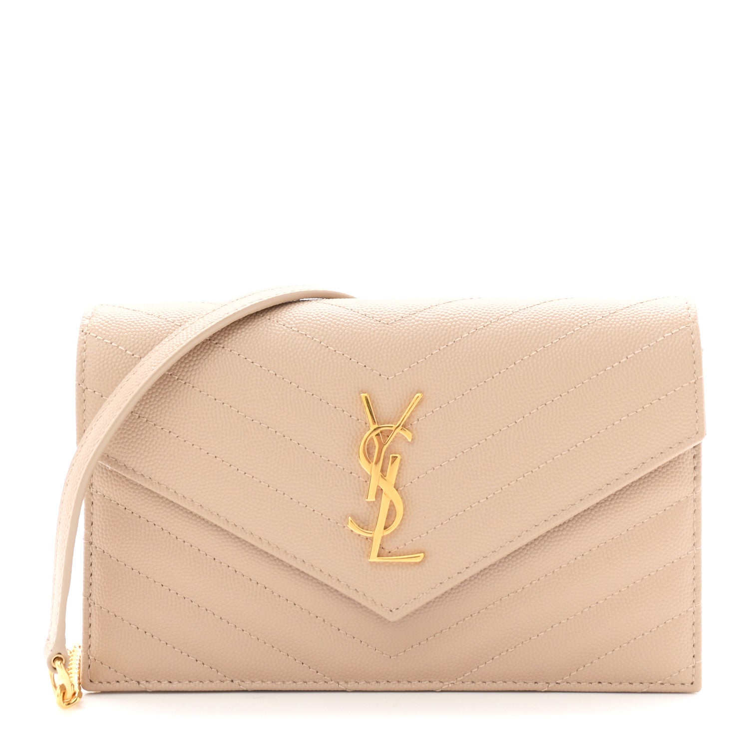 Saint Laurent Grain De Poudre Matelasse Chevron Monogram Envelope Chain Wallet Dark Beige 1 of 10