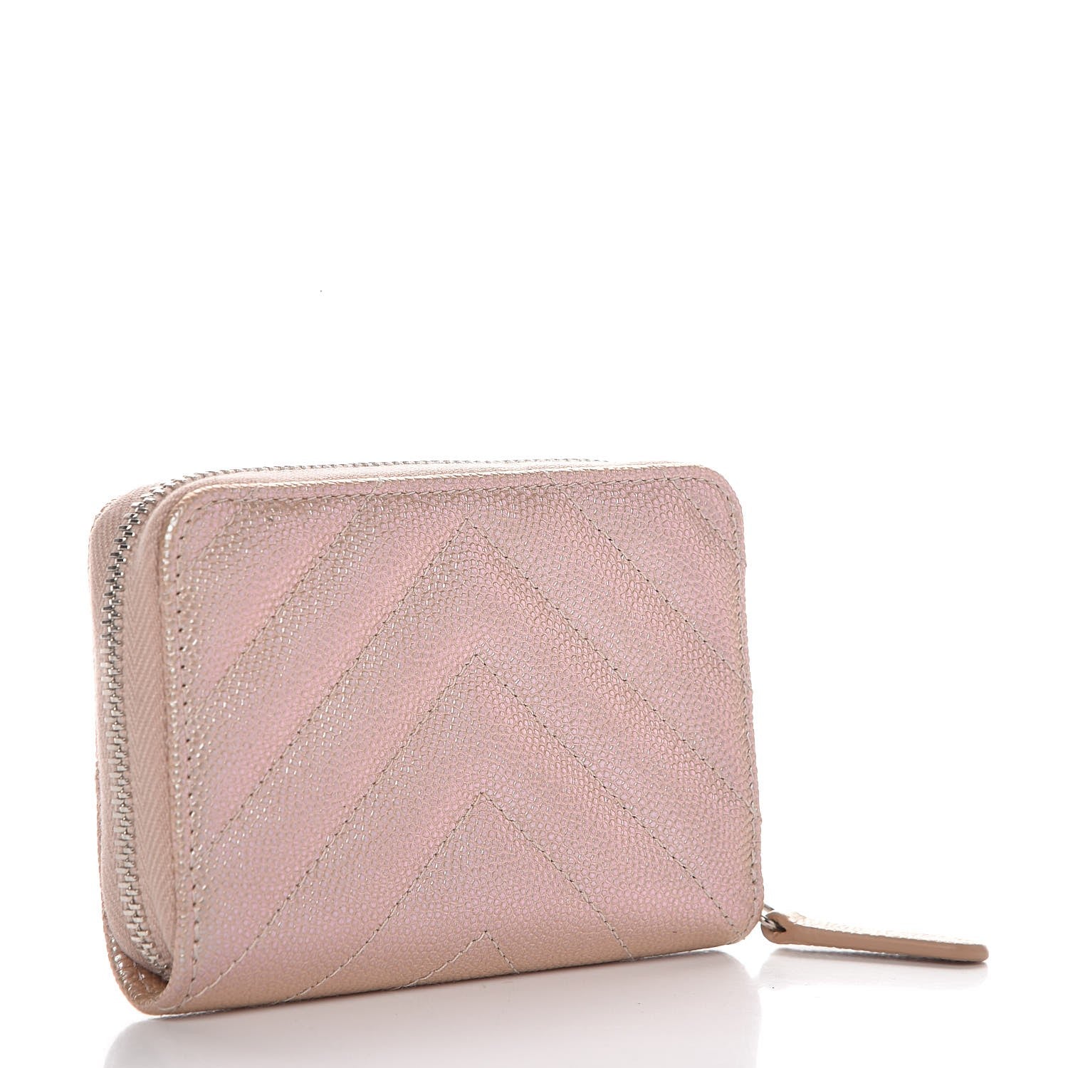 Chanel Metallic Caviar Chevron Quilted Zip Around Coin Purse Light Gold 3 of 8